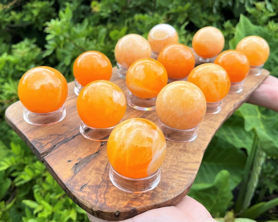 Orange Calcite Crystal Sphere with Stand, Large 1.75 -  2" Sphere ('AAA' Grade Orange Calcite Sphere, Polished Orange Calcite Crystal)