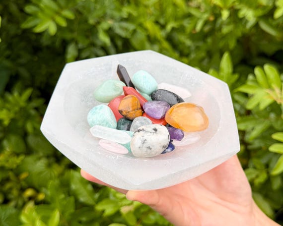 Extra Large Selenite Hexagon Crystal Bowl, 6” Charging Bowl - Decorative Stone Bowls for Altar Decor