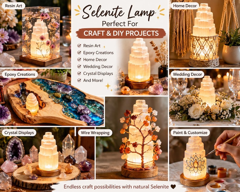 Może przedstawiać: Kolekcja podświetlanych lamp selenitowych w r&oacute;żnych aranżacjach. Lampy są prezentowane w sztuce żywicznej, kreacjach epoksydowych, dekoracjach domu, dekoracjach ślubnych i ekspozycjach kryształ&oacute;w. Lampy są cylindryczne i ułożone w stos, z ciepłym, świecącym światłem.