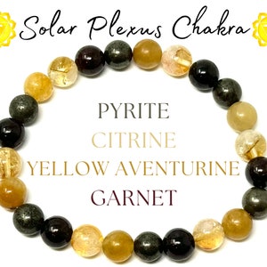May include: A bracelet made with yellow aventurine, citrine, pyrite, and garnet beads. The bracelet is designed to represent the solar plexus chakra.