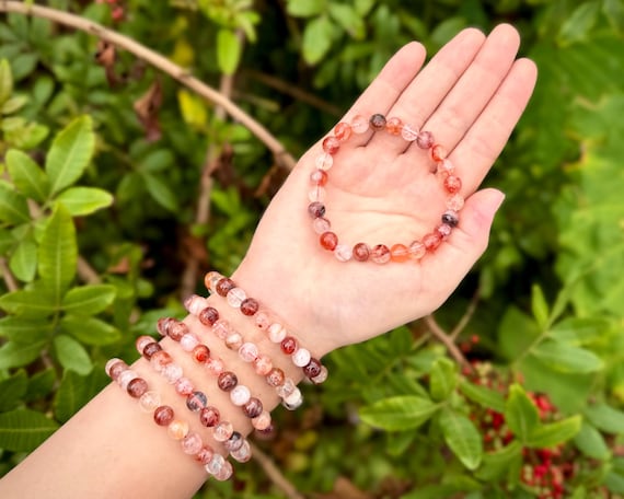 Fire Quartz Bead Bracelet: 8 mm Round Crystals (Hematoid Quartz Bracelet, Premium Grade Stretch Gemstone Bracelet)