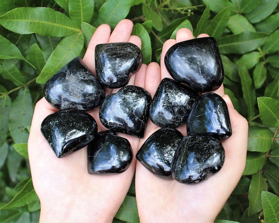 Black Tourmaline Heart Stone, LARGE 1.5 - 1.75" (Crystal Heart, Gemstone Heart, Palm Heart, Puffed Heart, Stone Heart, Carved Heart)