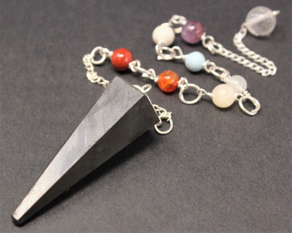 Shungite Pendulum, Faceted & 7 Chakra Chain (Crystal Pendulum, Dowsing, Divination, EMF)