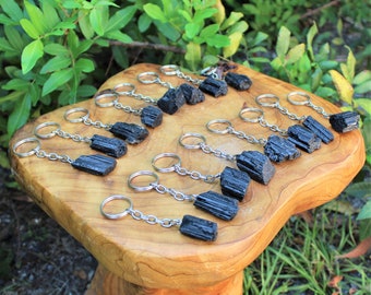 Natural Black Tourmaline Key Chain (Raw Tourmaline Log Keychain, Rough Tourmaline, Black Tourmaline Crystal Key Chain, Protection Crystal)
