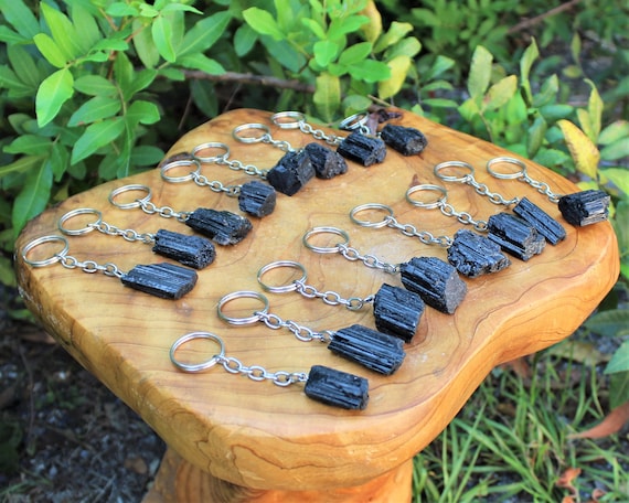 Natural Black Tourmaline Key Chain - Choose How Many (Raw Tourmaline Log Keychain, Black Tourmaline Crystal Key Chain, Protection Crystal)