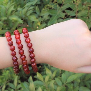 May include: Three red beaded bracelets. Each bracelet is made of small, round, reddish-brown beads. The bracelets are worn together on a wrist, with a green leafy background.
