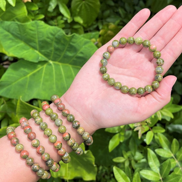 Unakite Bead Bracelet: 8 mm Round Crystals (Unakite Bracelet, Premium Grade Stretch Gemstone Bracelet)