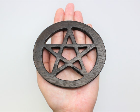 4" Wood Pentagram Altar Tile: Wooden Carved and Stained