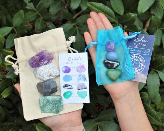 Aquarius Zodiac Crystal Kit, 4 Birthstones in an Organza Pouch: You Choose Rough or Tumbled Stones, or Both! (Crystal Gift Kits)