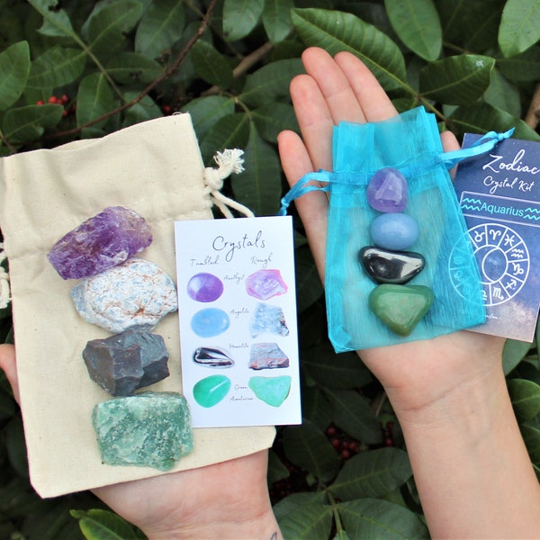 Aquarius Zodiac Crystal Kit, 4 Birthstones in an Organza Pouch: You Choose Rough or Tumbled Stones, or Both! (Crystal Gift Kits)