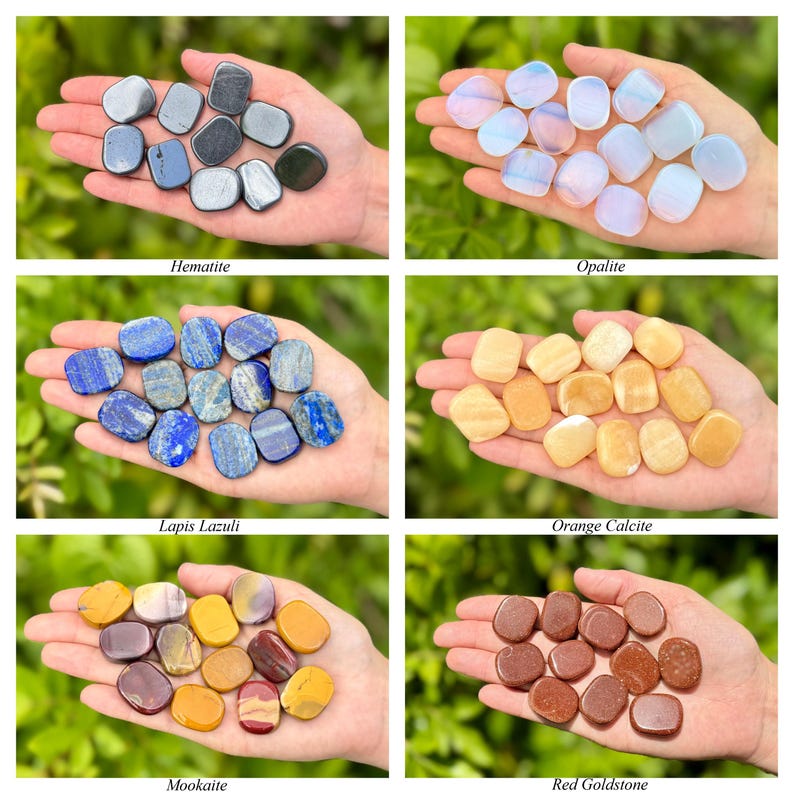 May include: A collection of polished gemstones, including Hematite, Opalite, Lapis Lazuli, Orange Calcite, Mookaite, and Red Goldstone. Each type of stone is displayed in a hand, showcasing their unique colors and textures. The names of the stones are labeled below each group.