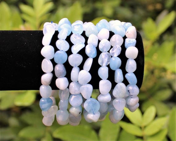 Aquamarine Tumbled Gemstone Bracelet: 6-8 mm Stones (Premium Grade Stretch Nugget Bracelet)