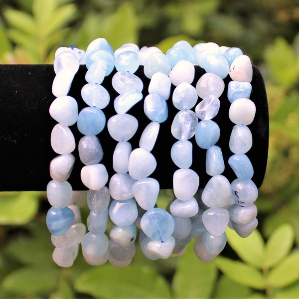 Aquamarine Tumbled Gemstone Bracelet: 6-8 mm Stones (Premium Grade Stretch Nugget Bracelet)