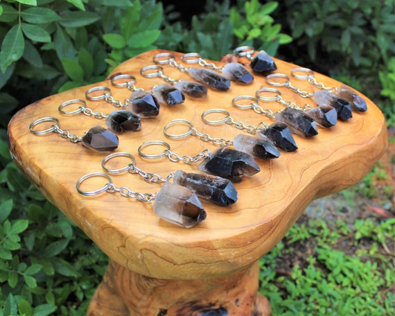 Smoky Quartz Crystal Point Keychains - Natural Smokey Quartz Gemstone Keyrings - Wholesale Bulk Lots