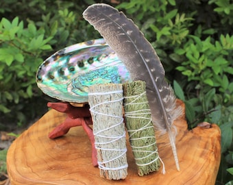 Smudge Kit - Premium Abalone Shell, Blue Sage Smudge, Cedar Sage Smudge Sticks, Feather, 6" Tripod Stand & Directions