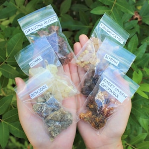 Lot of 6 different granular resin incense in bags held in the palm of a hand