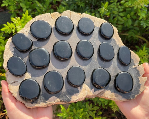 Black Obsidian Palm Stone: Medium Size, Stone Shape Oval (Smooth Polished Pocket Stone, Black Obsidian Worry Stone)