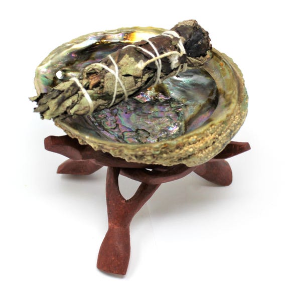 Large Abalone Shell & Yerba Santa Kit - Natural Abalone Shells, 6" Wooden Stand - Incense Holder