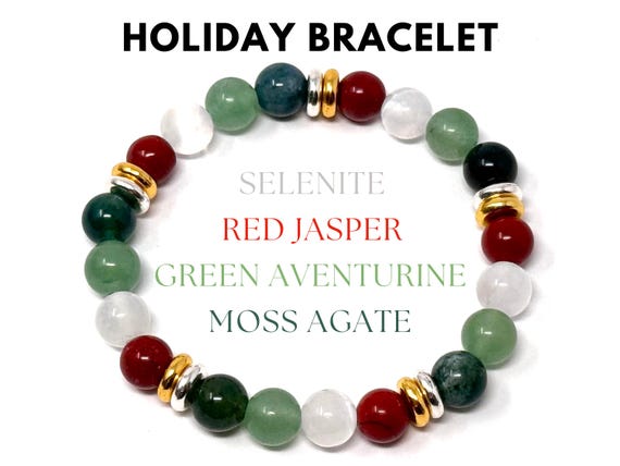 Holiday Bracelet: Red Jasper, Selenite, Green Aventurine, & Moss Agate 8 mm Round Christmas Themed Bracelet (Holiday Jewelry, Gift For Her)