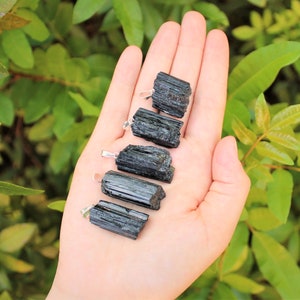 May include: Five raw black tourmaline pendants with silver-colored bails are displayed against a backdrop of green foliage. The tourmaline stones have a rough, natural texture and varying lengths. The pendants are held in a hand, showcasing their dark, opaque color.