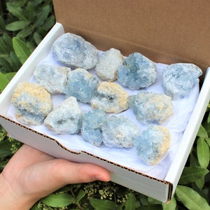 May include: A box filled with a collection of light blue celestite crystal clusters. The crystals are various sizes and shapes, with some having a more opaque white color.