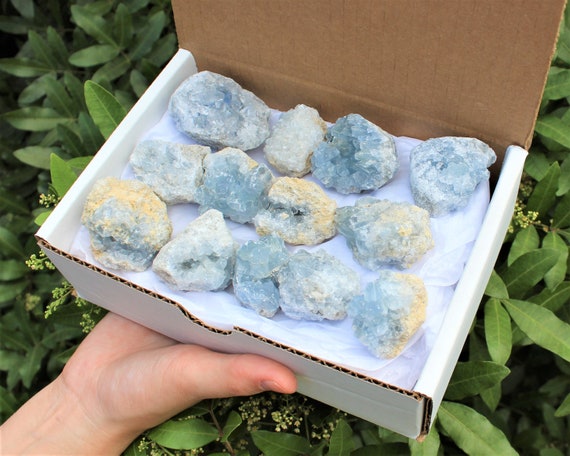 Natural Celestite Clusters Box: 10 - 15 Small Pieces or 6 - 8 LARGE Pieces ('A' Grade Celestite Crystals, Blue Celestite Geodes)