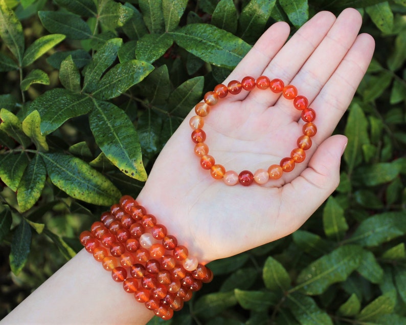 May include: Several carnelian beaded bracelets in shades of orange and red are displayed. One bracelet is held in an open hand, while others are stacked on the wrist. The background features lush green foliage.