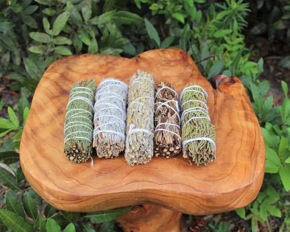 Smudge Kit 5 Stick SAMPLER - Black Sage, Blue Sage, Cedar Sage, Juniper Sage, Yerba Santa Sage (House Cleansing)