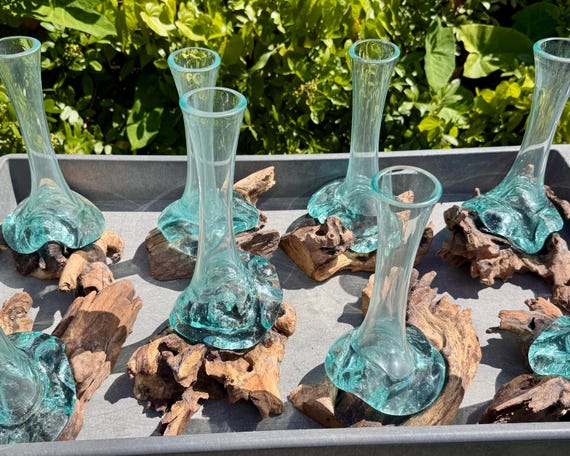 LARGE Molten Glass Vace With Gamal Wood Root Base - Blown Glass Wood Decor (Handmade Unique Glass From Indonesia)
