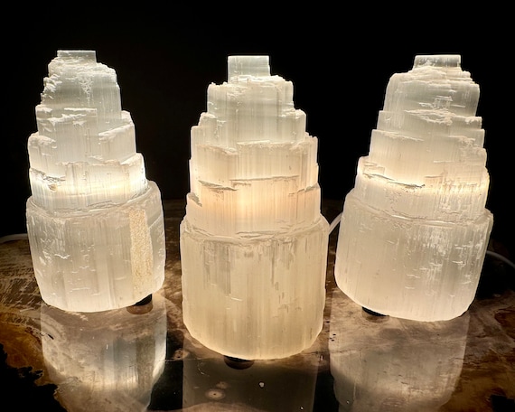 LARGE Selenite Crystal Lamp, 6" Selenite Crystal Skyscraper Lamp + Cord & Bulb! (Natural Selenite Tower Home Decor)