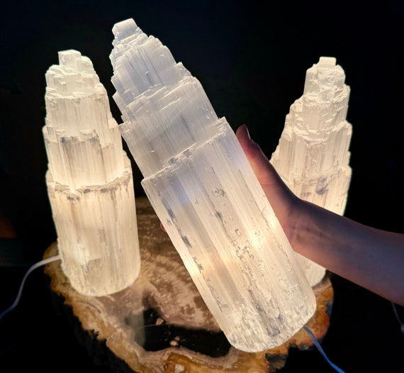 HUGE Selenite Crystal Lamp, 12" Selenite Crystal Skyscraper Lamp + Cord & Bulb! (Natural Selenite Tower Home Decor)