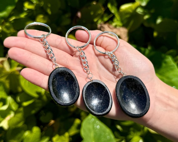 Black Tourmaline Worry Stone Keychains - Choose How Many (Smooth Polished Gemstone Pocket Stone, Black Tourmaline Palm Stone, Key Ring)