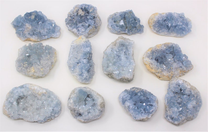 May include: Twelve blue celestite crystal clusters, each with a unique shape and size. The crystals are a light blue color and have a smooth, polished finish.