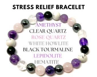 Stress Relief Bracelet: Amethyst, Black Tourmaline, Clear Quartz, Hematite, Lepidolite, Rose Quartz & White Howlite 8 mm Round Crystals