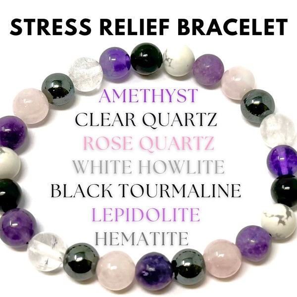 Stress Relief Bracelet: Amethyst, Black Tourmaline, Clear Quartz, Hematite, Lepidolite, Rose Quartz & White Howlite 8 mm Round Crystals