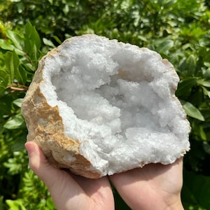 May include: A large, white geode with a rough, brown exterior. The geode is open, revealing a cavity filled with sparkling white crystals.