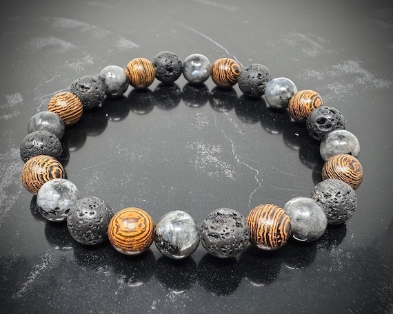 Earth & Fire Bracelet - Larvikite, Lava and Wenge Wood 8mm Light Weight Gemstone Beads