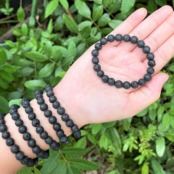 Black Volcanic Lava Rock Bracelet: 8 mm Stones (Premium Quality Genuine Lava Rock Crystals, Essential Oil Diffuser Bracelet)