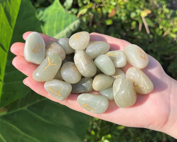 Green Aventurine Rune Stone Set with Velvet Storage Pouch (Set of 25 Elder Futhark Runes)