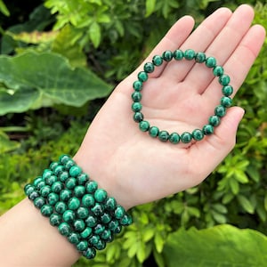 Natural Malachite Bead Bracelet: 6 mm or 8 mm Round Crystals (100% Real Genuine Malachite Bracelet, Premium Grade Stretch Gemstone Bracelet)