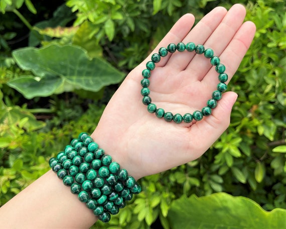 Natural Malachite Bead Bracelet: 6 mm or 8 mm Round Crystals (100% Real Genuine Malachite Bracelet, Premium Grade Stretch Gemstone Bracelet)