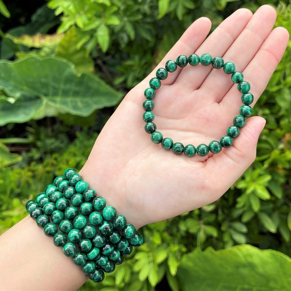 Natural Malachite Bead Bracelet: 8 mm Round Crystals (100% Real Genuine Malachite Bracelet, Premium Grade Stretch Gemstone Bracelet)