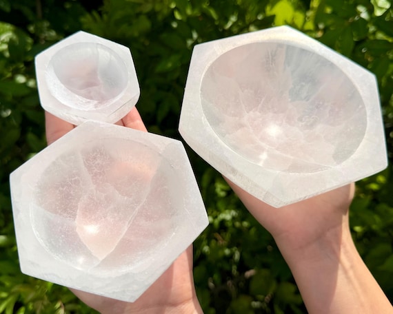 Selenite Hexagon Crystal Bowls - Choose 2.75", 4" or 6" Size - Decorative Charging Bowl for Altar Decor