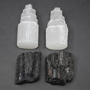 2 Selenite Towers & 2 Extra Grade Natural Black Tourmaline Logs - Home Protection Crystal Kit bild 4