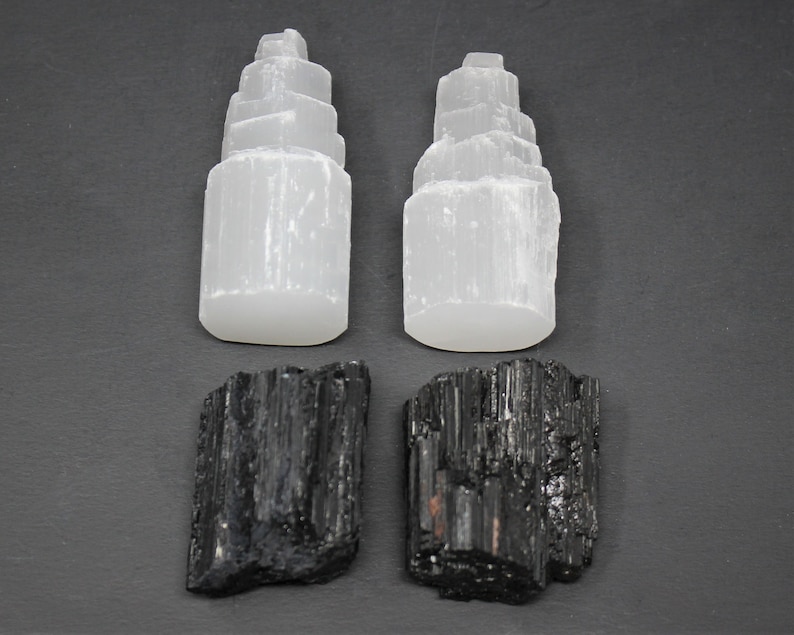2 Selenite Towers & 2 Extra Grade Natural Black Tourmaline Logs - Home Protection Crystal Kit bild 4