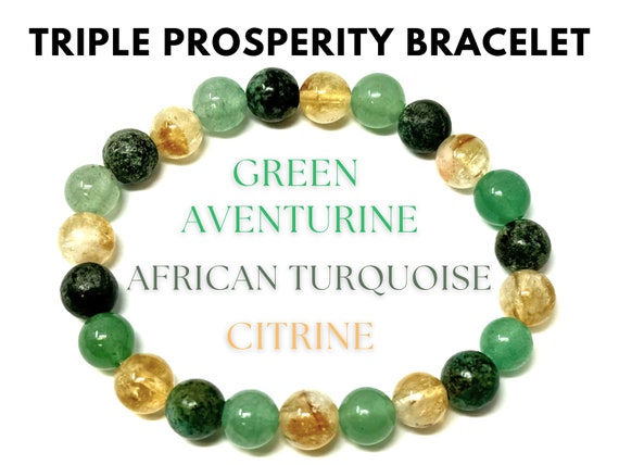 Triple Prosperity Bracelet: Citrine, Green Aventurine, & African Turquoise 8 mm Round Prosperity and Good Luck Crystals (Gemstone Bracelet)