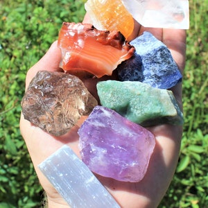 7 Chakra Stones Set (Large) - 7 Natural Rough Stones, Selenite Stick & Directions (7 Chakra Raw Gemstone Kit)