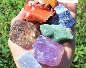 7 Chakra Stones Set (Large) - 7 Natural Rough Stones, Selenite Stick & Directions (7 Chakra Raw Gemstone Kit)