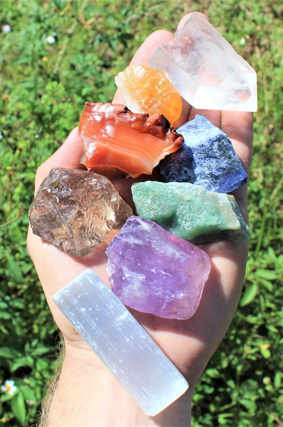 7 Chakra Stones Set (Large) - 7 Natural Rough Stones, Selenite Stick & Directions (7 Chakra Raw Gemstone Kit)