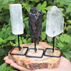 Crystal Protection Kit - Tourmaline Log + Selenite Stick + Clear Quartz Point On Metal Stands (Home Protection Set, Protection Combo Kit)